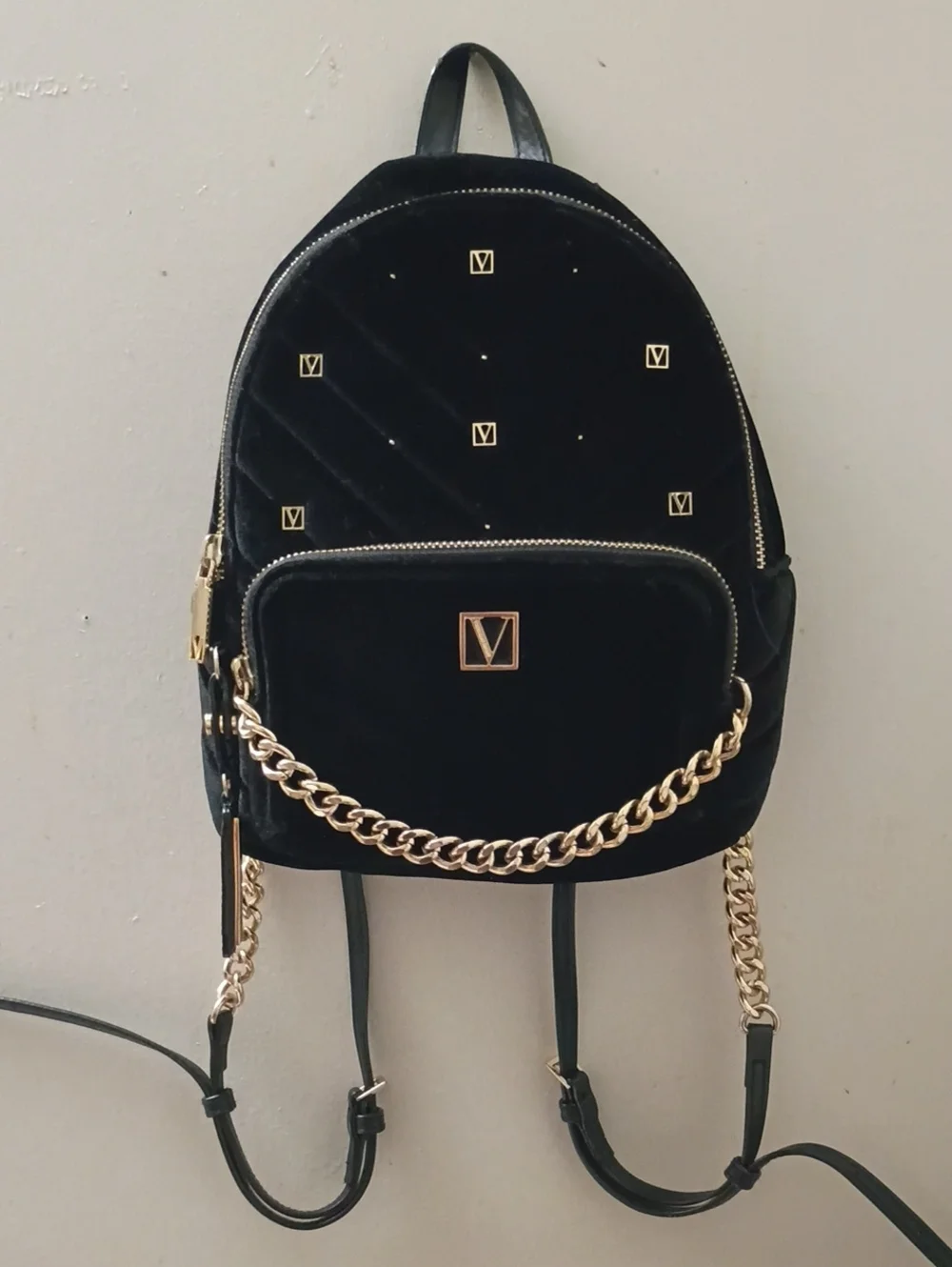 Victoria's Secret Black Velvet Women’s Backpack with Gold Chain Accent
